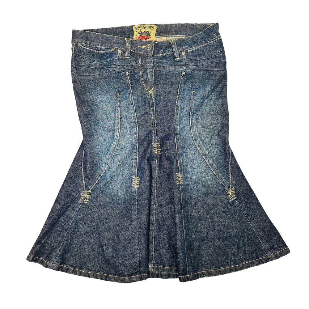 RARE Parasuco denim pleated mini skirt with contrast stitching